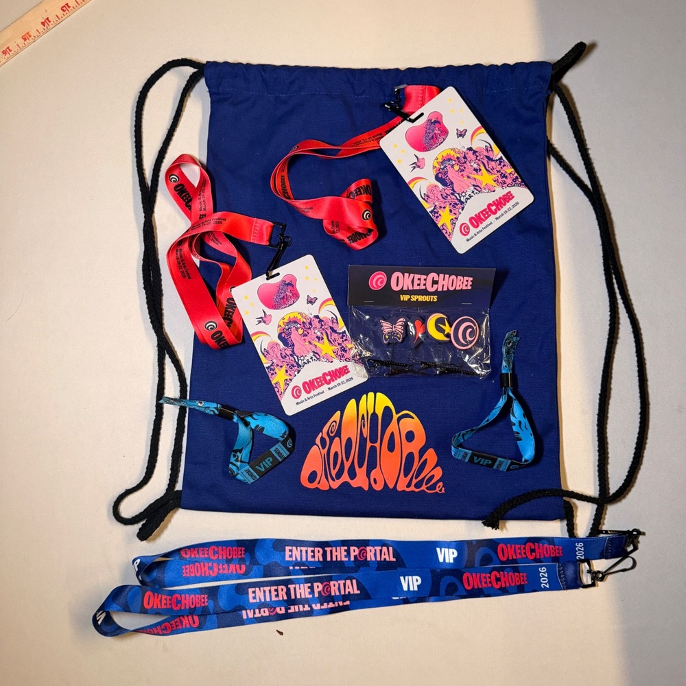 Okeechobee Music Festival 2026 Drawstring Bag VIP Lanyards Merch Wristbands Set